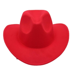 Detailed close-up of red felt fedora hat for children featuring classic wide brim stitching