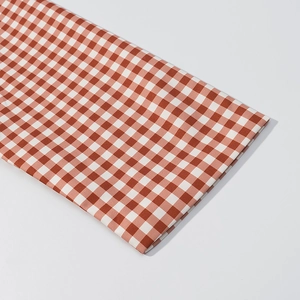 Détail de la texture du tissu à carreaux rouge et blanc avec focus sur le tissage