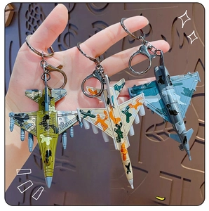 Detailed macro view of camo mini fighter jet keychains in green, yellow and blue colors