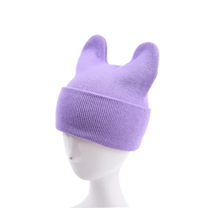 Detail showing the light purple ribbed knit texture and cute cat ear design on the hat