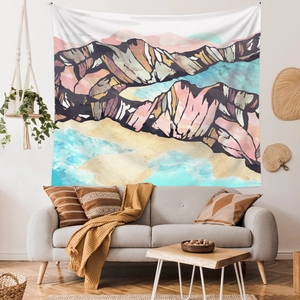 Modern abstract mountain wall tapestry with pink and blue geometric landscape design
