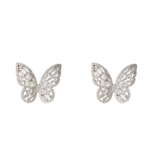 Exquisite silver needle butterfly stud earrings with sparkling cubic zirconia crystals