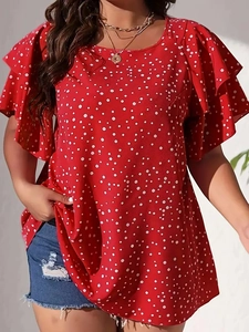 Women Plus Size Polka Dot Blouse Ruffle Sleeve Round Neck Polyester Top For Casual Vacation Elegant Summer Style
