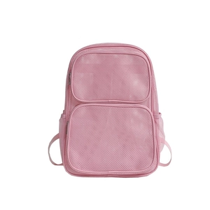 Breathable pink mesh backpack with multi-pocket design for beach travel and gym sports