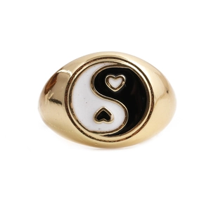 Adjustable gold heart ring with black and white enamel yin yang design for men