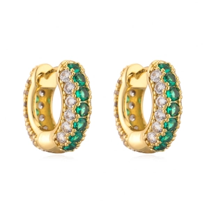Luxurious gold huggie earrings with alternating green and clear zircon stones on white base