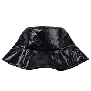 Detail showing the glossy textured surface of this fashionable shiny black bucket hat