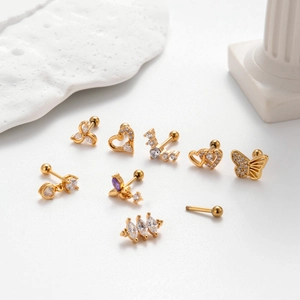 Gold stainless steel stud earrings set with heart and butterfly charms in zircon
