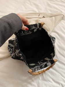 Japanese retro style linen tote bag with leaf pattern and bamboo handles in black