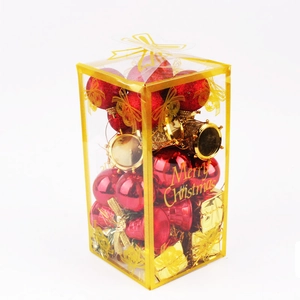 32-piece Christmas ornament set in PVC box with red balls and golden mini gift boxes