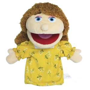 Plush hand puppet toy featuring a female character in a yellow floral dress and brown hair