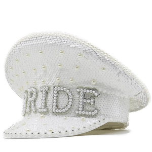 White Sequin Bride Captain Hat With Faux Artificial Pearl Rhinestone Military Party Hat For Bachelorette Bridal Shower Wedding