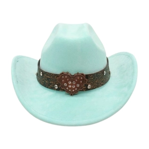 Mint green suede cowboy hat with vintage brown embossed band and diamond heart buckle