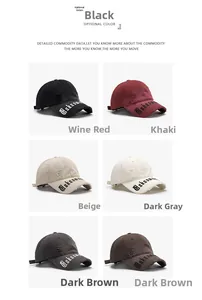Detailed grid view showing six colors of distressed baseball caps with letter embroidery