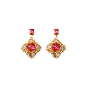Vintage palace style glass flower pearl earrings with pink faceted gems and gold details