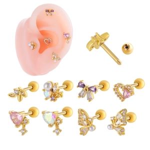 Butterfly Heart Cartilage Stud Earrings With Stainless Steel Earring Post Copper Zircon Faux Artificial Pearl Helix Piercing Screw Back Jewelry For Women