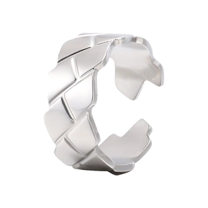 Silver woven texture stainless steel open ring with adjustable geometric design