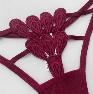 Detailed embroidery on burgundy lace thong featuring delicate feather-like floral patterns