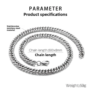 Macro detail of silver stainless steel 8mm curb chain with lobster clasp and parameters