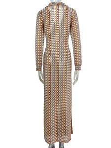 Detailed back view of colorful crochet maxi dress featuring geometric knit patterns