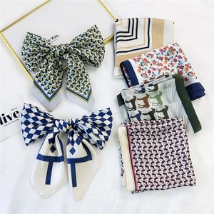 Silk-like square neck scarf set with floral, geometric, and cat patterns in bow style