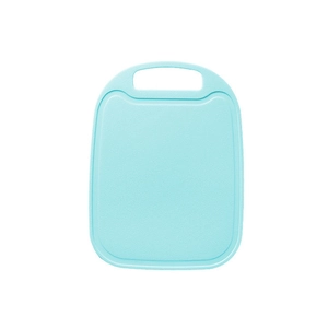 Light blue oval plastic cutting board with ergonomic handle and anti-slip surface