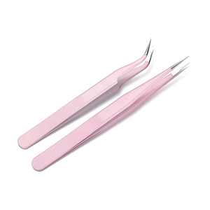 Pink stainless steel precision tweezer set with straight and curved tips for DIY crafts