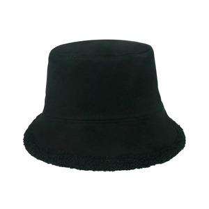 Black suede bucket hat with faux shearling brim for women, winter thermal headwear