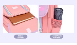 Detailed view of the front zipper pocket and elastic side mesh pocket on the school backpack