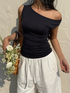 Débardeur À Pois Une Épaule Top Asymétrique Slim Fit Sexy Froncé Strass Sans Manches Été Femmes