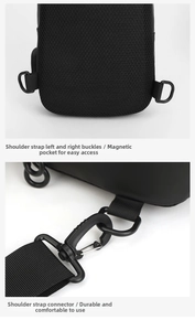 Detail of breathable mesh back pad, magnetic side pocket and adjustable D-buckle on chest bag