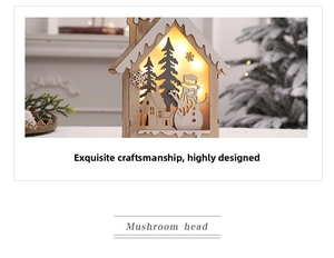 Close-up of wooden Christmas house LED lamp with carved snowman and warm lighting