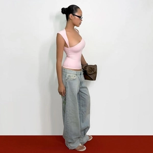 Pink asymmetrical slim fit tank top for women in Y2K style with irregular neckline