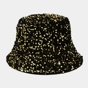 Sparkling black bucket hat with gold sequins for women featuring UV protection style