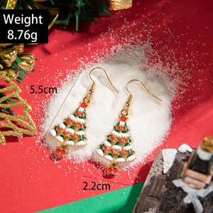 Christmas tree earrings with green oil drip and red ornaments on gold alloy hooks