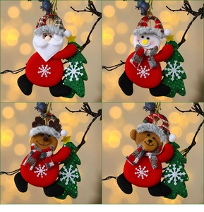 Detail of Christmas plush pendants featuring Santa, snowman, elk, and bear with sequins
