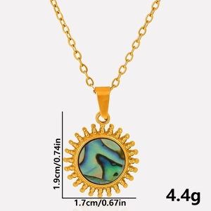 Detail view of 304 stainless steel sun pendant with dimensions 1.9cm height and 1.7cm width
