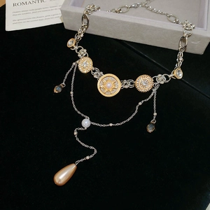 Luxurious layered silver chain necklace with pearl and crystal teardrop pendant