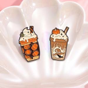 Halloween pumpkin latte enamel pins set featuring pumpkin spice drinks and witch hat