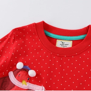 Girls red long sleeve sweatshirt with white polka dots and cute bird applique embroidery