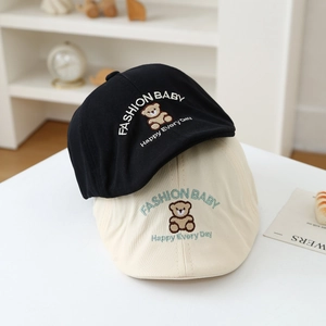 Kids bear embroidered beret hats in black and beige made of premium cotton fabric