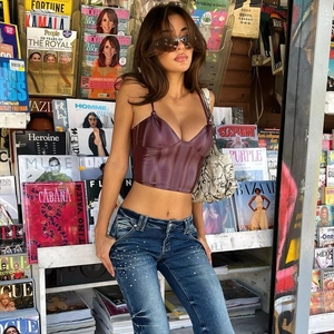 Women PU Leather Crop Top Back Lace Up Irregular Sexy Hot Girl Streetwear Glossy Spaghetti Strap V Neck Tank Top