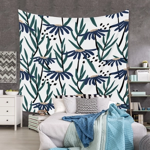 Detail of floral tapestry with blue flowers and green leaves on white dotted background