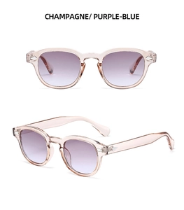 Vue détaillée de la monture champagne avec verres dégradés violet-bleu et rivets argentés