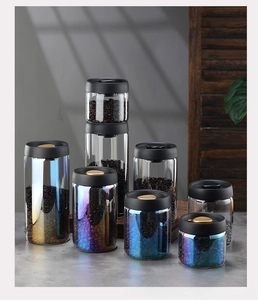 Macro detail of multicolored borosilicate glass vacuum sealed jars with coffee beans