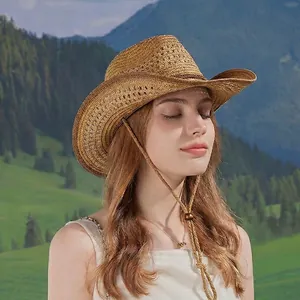 Western straw cowboy hat with adjustable chin strap and breathable woven design for summer
