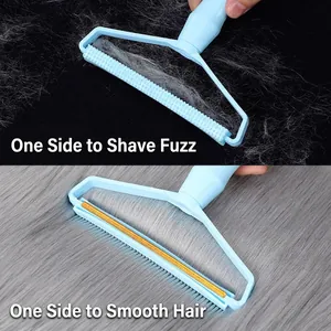 Dual-sided lint remover tool for clothes and carpets with blue handle and metal scraper