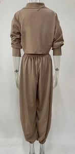 Detail of high-waist elastic waistband and pleated fabric on brown lantern pants