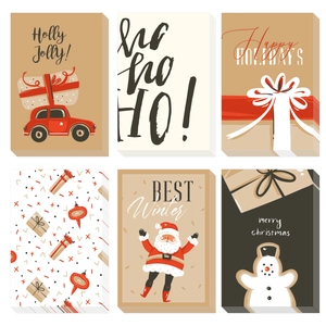 Set of 6 assorted creative Christmas greeting cards with hand-drawn holiday illustrations