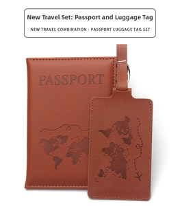 Close-up of brown PU leather passport holder and luggage tag with world map embossing